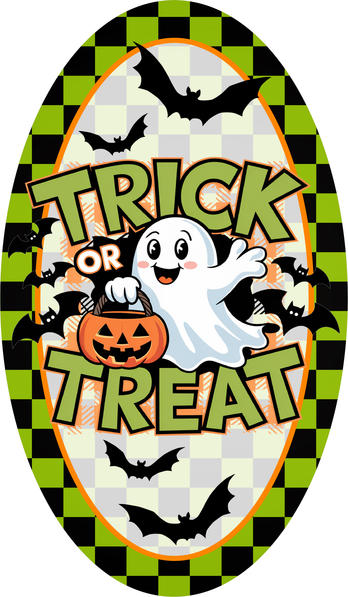 Green Black Ghost Trick or Treat Oval Wreath Sign