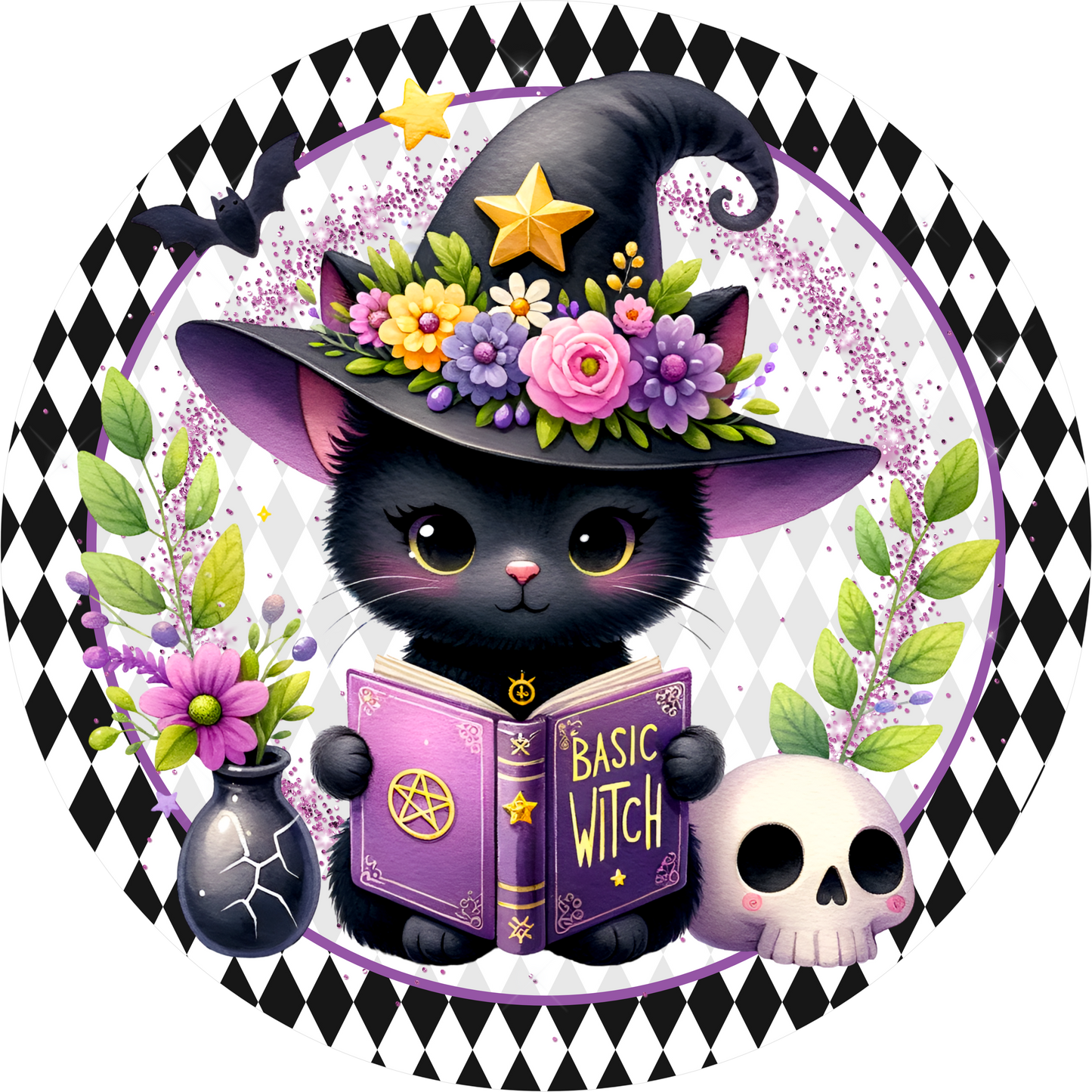 Kitty Witch Hat Harlequin Round Wreath Sign