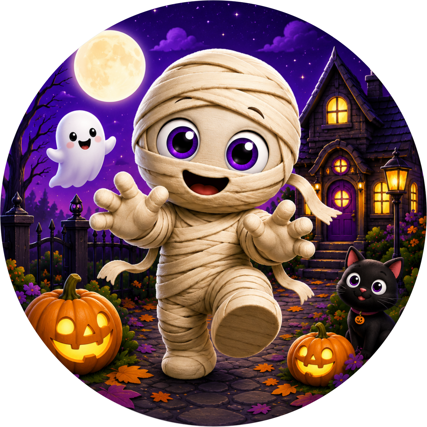 Mummy Running Pumpkin Round Wreath Sign