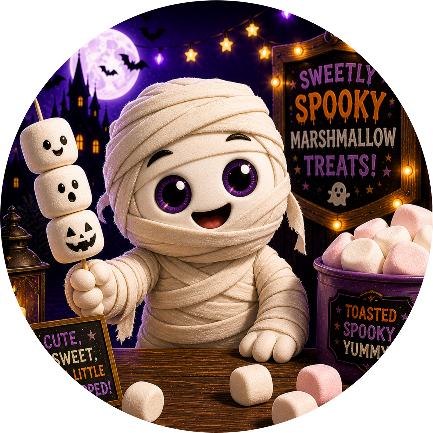 Mummy with Marshmallows Round Wreath Sign