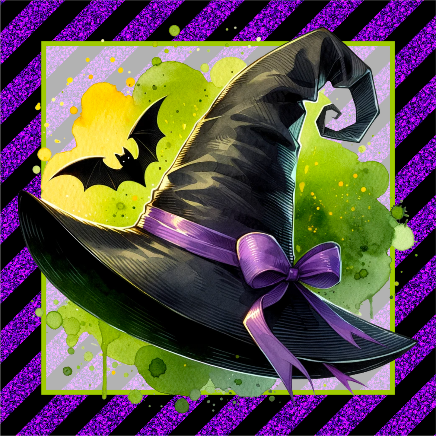Witches Hat Bat Purple Black Stripe Square Wreath Sign
