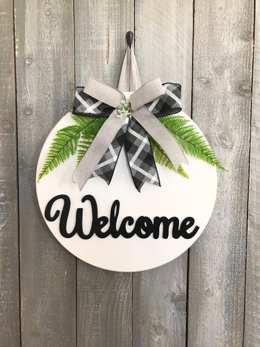 Solid Wood Modern White Welcome Sign for Front Door or Porch, Minimalist Wooden Welcome Door Hanger, Black and White Outdoor Plaque