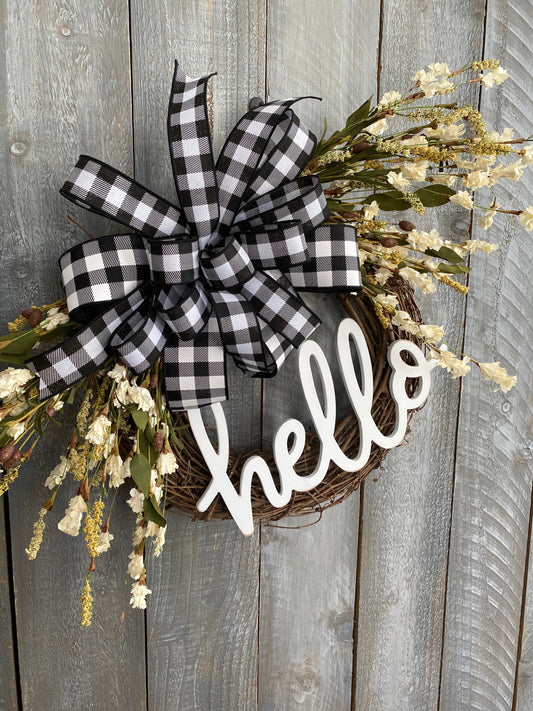 Hello Black and White Buffalo Check Grapevine Wreath