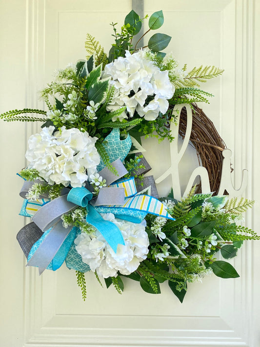 Every Day Wreath for Front Door, Blue Gray and White Hydrangea Wreath with Hi Sign,