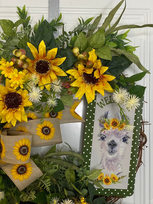 Welcome Sunflower Wreath, Llama Welcome Everyday Wreath for Front Door, Farmhouse Welcome Door Hanger, Llama Decor,