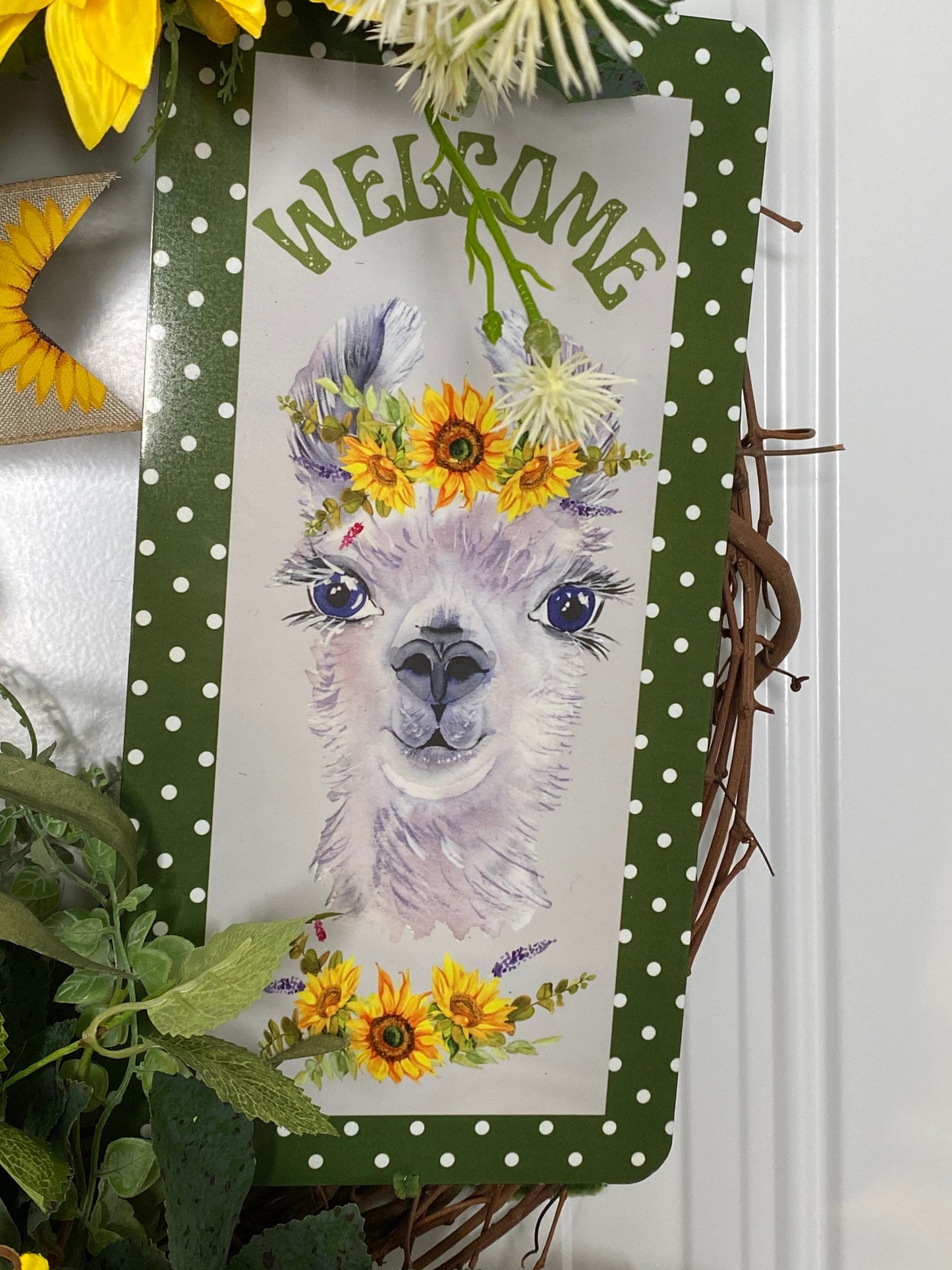 Welcome Sunflower Wreath, Llama Welcome Everyday Wreath for Front Door, Farmhouse Welcome Door Hanger, Llama Decor,