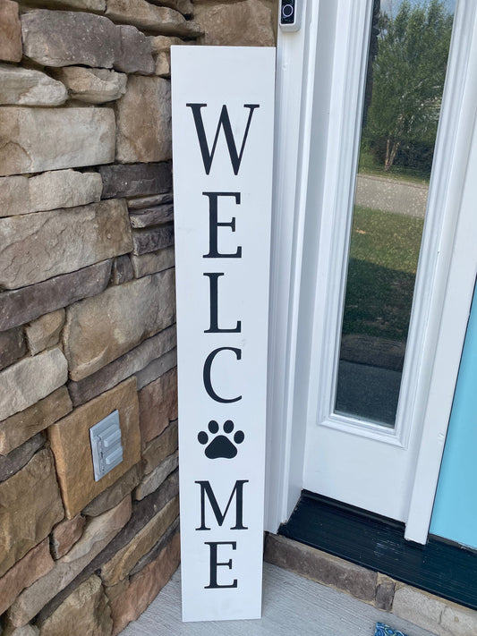 White Welcome Porch Sign, Dog Lover Wood Welcome Porch Board, Dog Paw Welcome Porch Leaner, Farmhouse Welcome Sign, Rustic Porch Sign