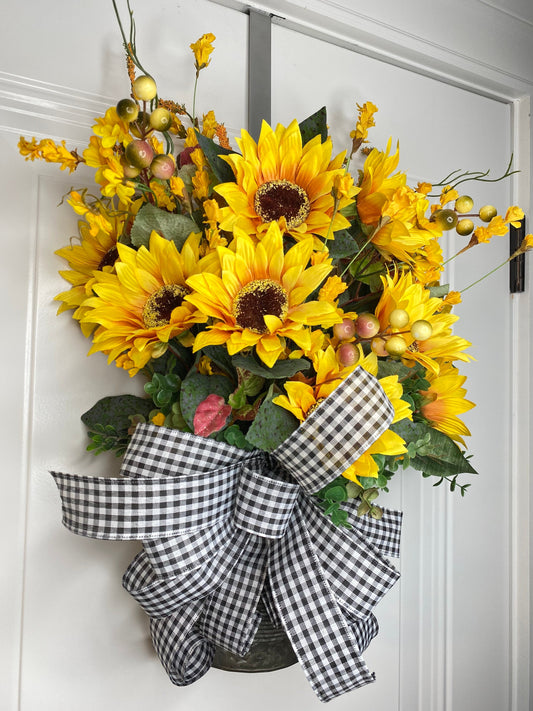 Sunflower Wreath Bucket Floral Arrangement Fall front door decor, apartment farmhouse Decor Door Basket, Housewarming gift for newlyweds