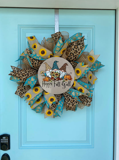 Fall Wreath for Front Door, Gnome Wreath, Fall Leopard Wreath, Autumn Sunflower Wreath, Happy Fall Y'all, Teal Aqua Outdoor Decoration