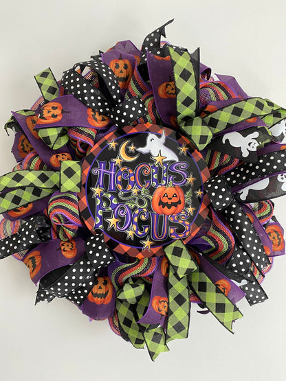 Halloween Ghost Wreath for Front Door, Hocus Pocus Whimsical Wreath for Entryway, Jack O Lantern Porch Decoration