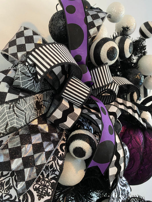 Halloween Wreath, Purple Pumpkin Halloween Wreath For Your Front Door, Black and White Halloween Decorations, Gothic Halloween Party Decor