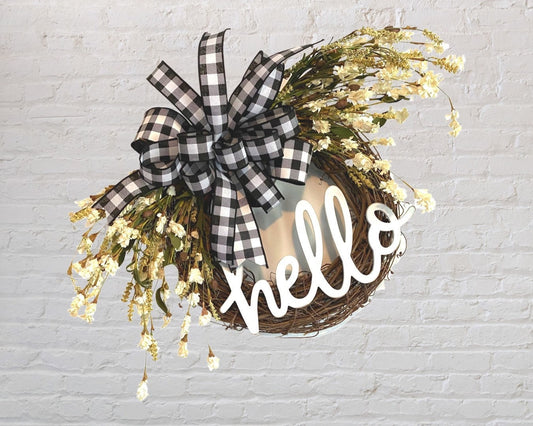 Hello Black and White Buffalo Check Grapevine Wreath, Farmhouse Grapevine Wreath For Front Door, Everyday Rustic Welcome Wreath
