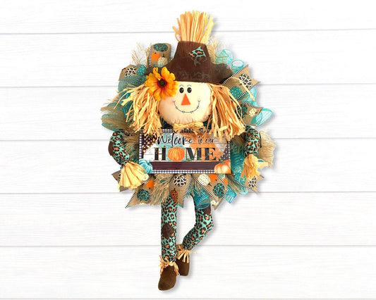 Fall Teal Leopard Scarecrow Welcome Wreath, Blue Autumn Large Home Door Hanger for Front Door, Rustic Farmhouse Porch Decor