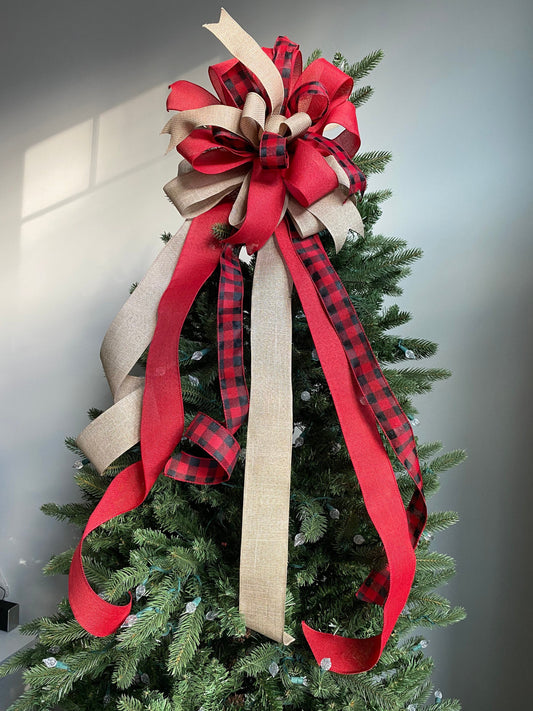 Farmhouse Plaid Christmas Tree Topper Bow