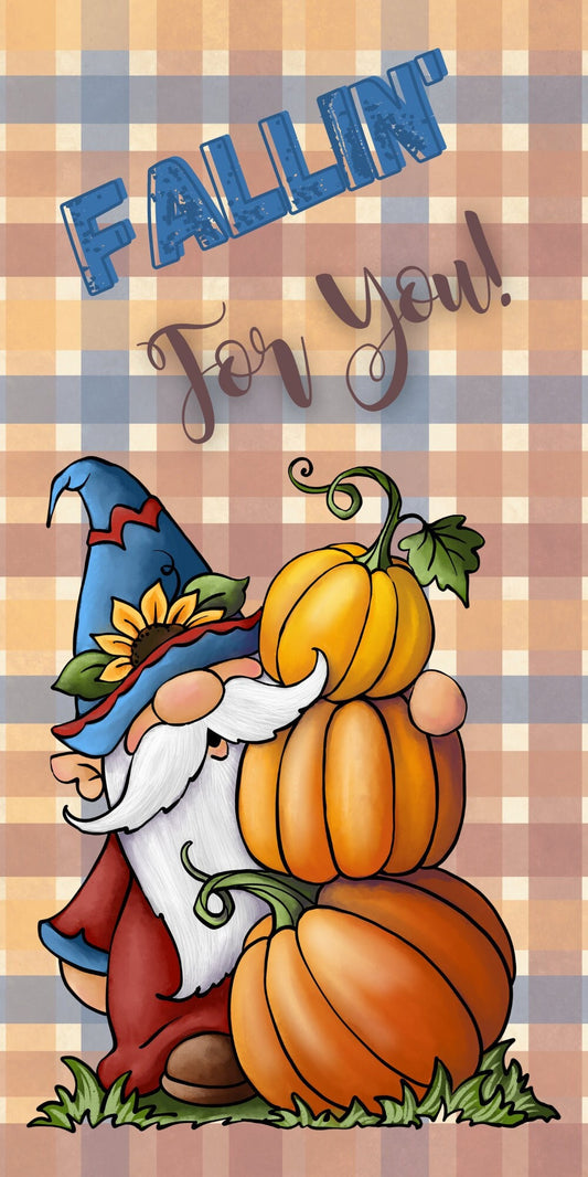 Fall gnome wreath sign, blue orange plaid autumn vertical wreath attachment, fall metal wreath attachment, stacked pumpkins and gnome sign