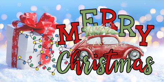 Love bug christmas wreath sign, merry christmas wreath attachment, nostalgic holiday sign, merry christmas sign, vintage christmas lights