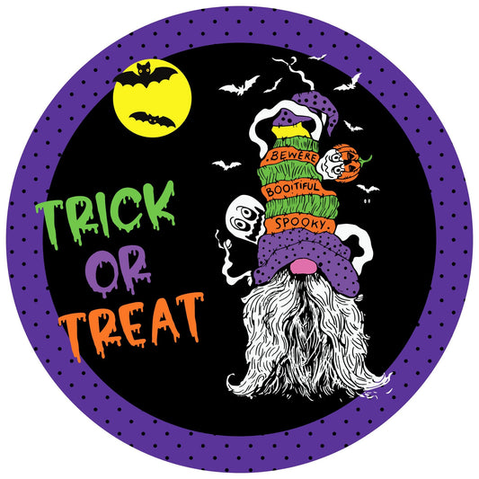 Gnome halloween wreath sign, round halloween wreath attachment, spooky gnome metal sign, bat ghost wreath supplies, purple green orange sign