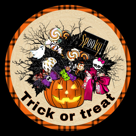 Trick or treat halloween wreath sign, round halloween wreath attachment, orange black plaid metal, round halloween sign, pick your size sign