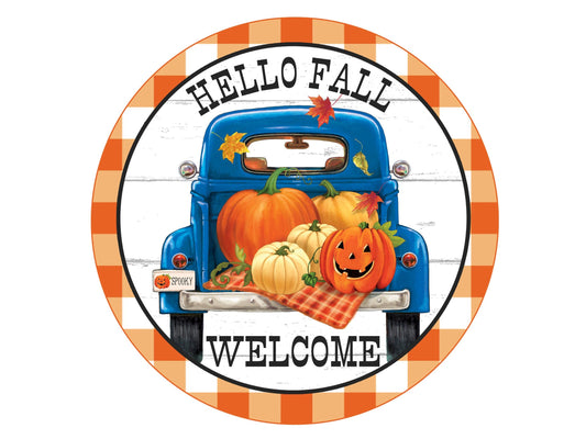 Hello Fall Welcome Wreath SIgn, Blue VintageTruck with Pumpkins Wreath Attachment, Autumn Welcome Sign, Buffalo Check Decor