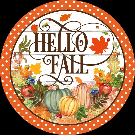 Hello Fall Wreath SIgn with Pumkins and Leaves, Autumn Welcome Wreath Attachment, pumpkin patch decor, farmhouse fall sign,