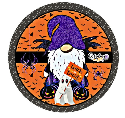 Gnome halloween sign, round halloween wreath attachment, spooky gnome metal sign, bat ghost spider wreath supplies, purple orange black sign