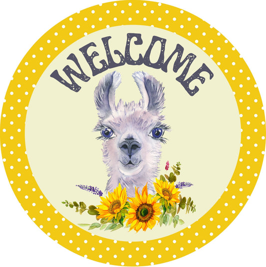 Llama welcome wreath sign, sunflower round wreath attachment, everyday wreath sign, sunflower decor, farm animal decor, signs for wreaths