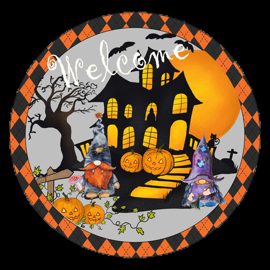 Haunted house halloween wreath sign, round halloween wreath attachment, orange black plaid welcome metal sign, pick your size sign