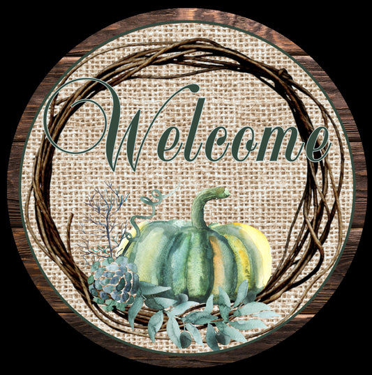 Fall wreath sign, blue pumpkin round wreath attachment, burlap and twigs fall wreath attachment, teal pumpkin autumn welcome sign,