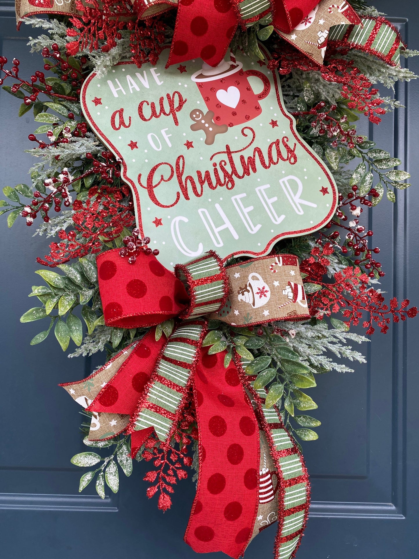 Hot Cocoa Cup Christmas Teardrop Swag Wreath for Front Door, Holiday Kitchen Wreath for Hot Cocoa Bar, Mint green and red outdoor wreath