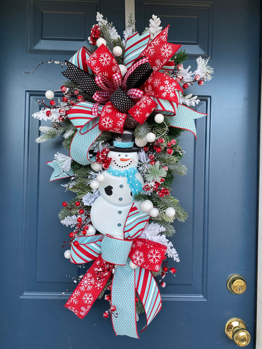 Winter Snowman Teardrop Swag Wreath for Front Door, Snowy Decor for Christmas and Winter, Frosty Decoration for front door