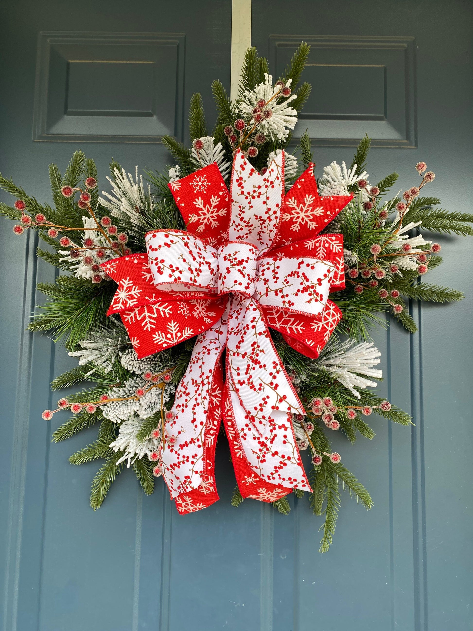 Winter Snowflake Wreath with Red Berries, Artificial Pine Snowflake Shape, Unique Christmas Wall Hanging