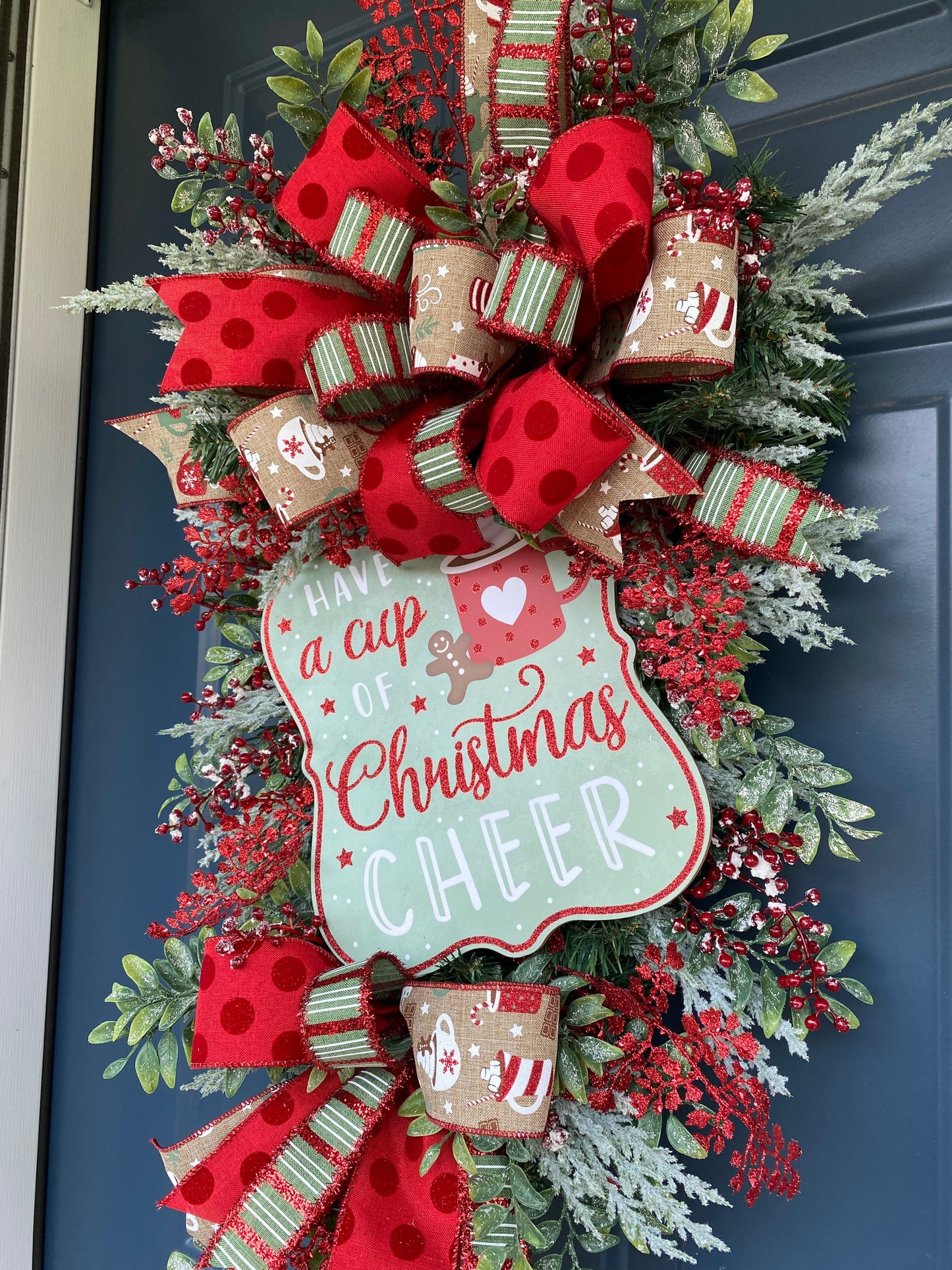 Hot Cocoa Cup Christmas Teardrop Swag Wreath for Front Door, Holiday Kitchen Wreath for Hot Cocoa Bar, Mint green and red outdoor wreath