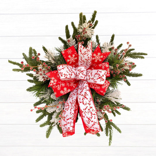 Winter Snowflake Wreath with Red Berries, Artificial Pine Snowflake Shape, Unique Christmas Wall Hanging