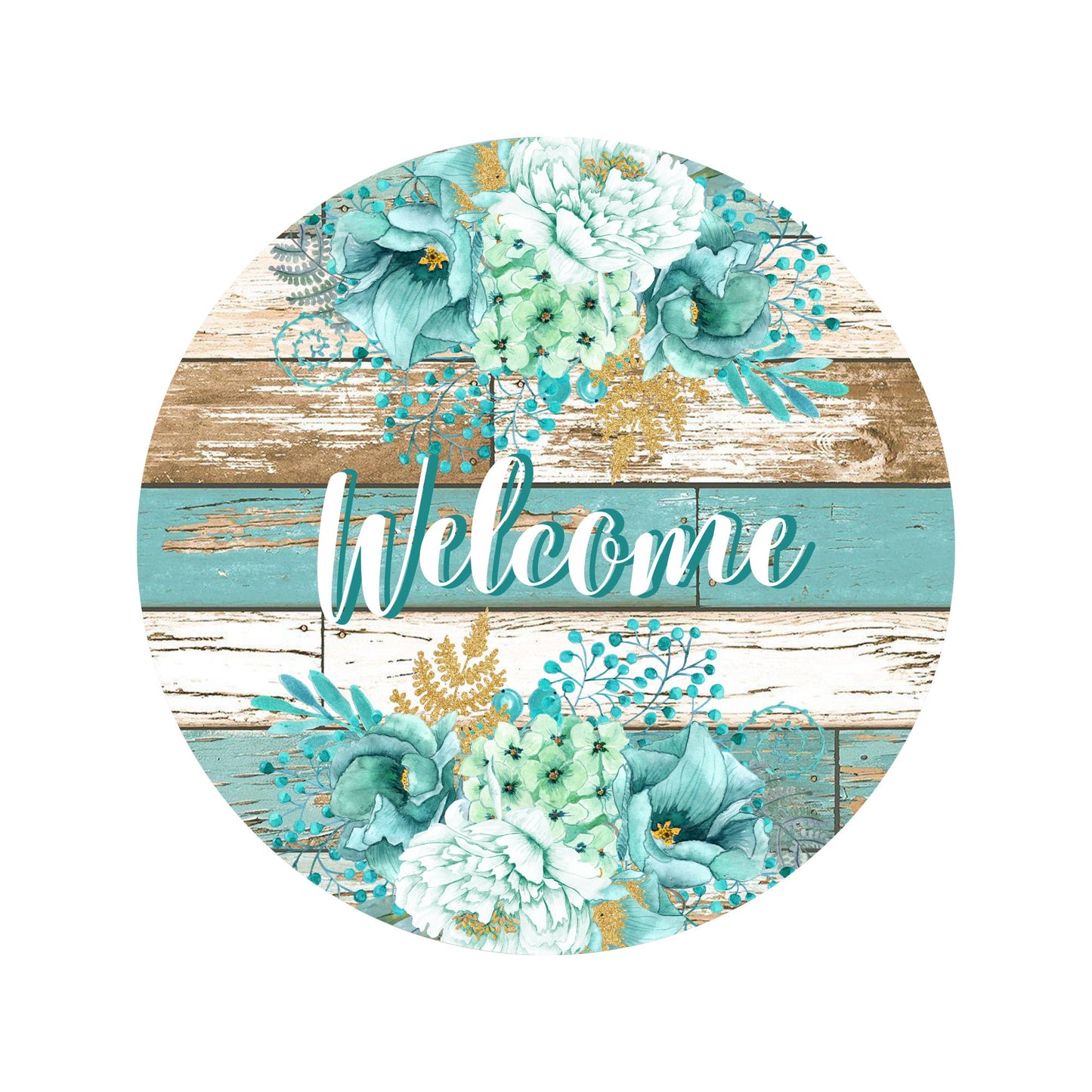 Welcome floral wreath sign, spring summer wreath attachment, Teal Blue spring flowers welcome metal sign, signs for wreaths
