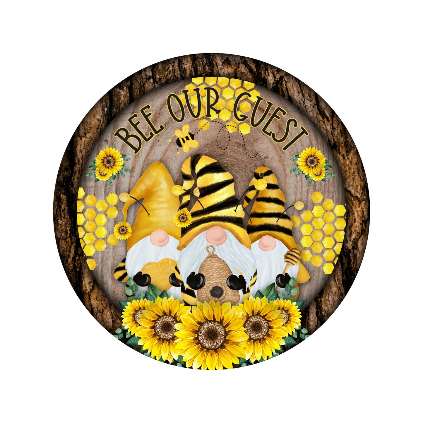 Summer gnome wreath sign, Bee our guest with sunflowers metal wreath sign, Summer bee and honey wreath attachment, Wood look Welcome sign