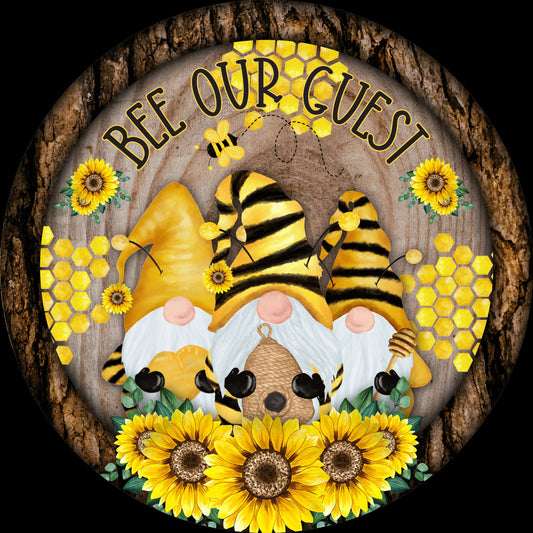 Summer gnome wreath sign, Bee our guest with sunflowers metal wreath sign, Summer bee and honey wreath attachment, Wood look Welcome sign