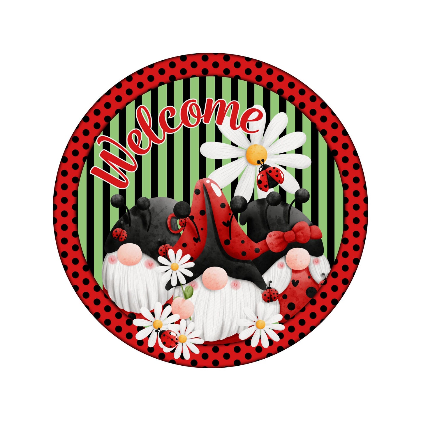 Summer gnome Welcome wreath sign, Ladybugs and daisy gnome metal wreath sign, red and black wreath attachment, Gnome Welcome sign