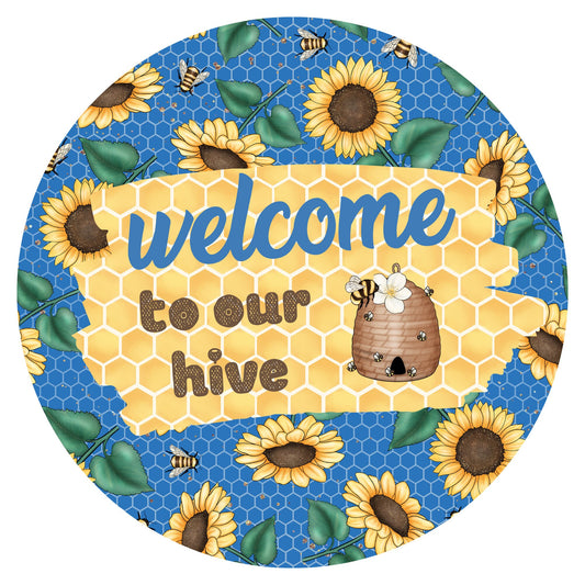 Welcome to our hive bee wreath sign, sunflower and honey bees wreath attachment, blue and yellow floral wall home decor sign