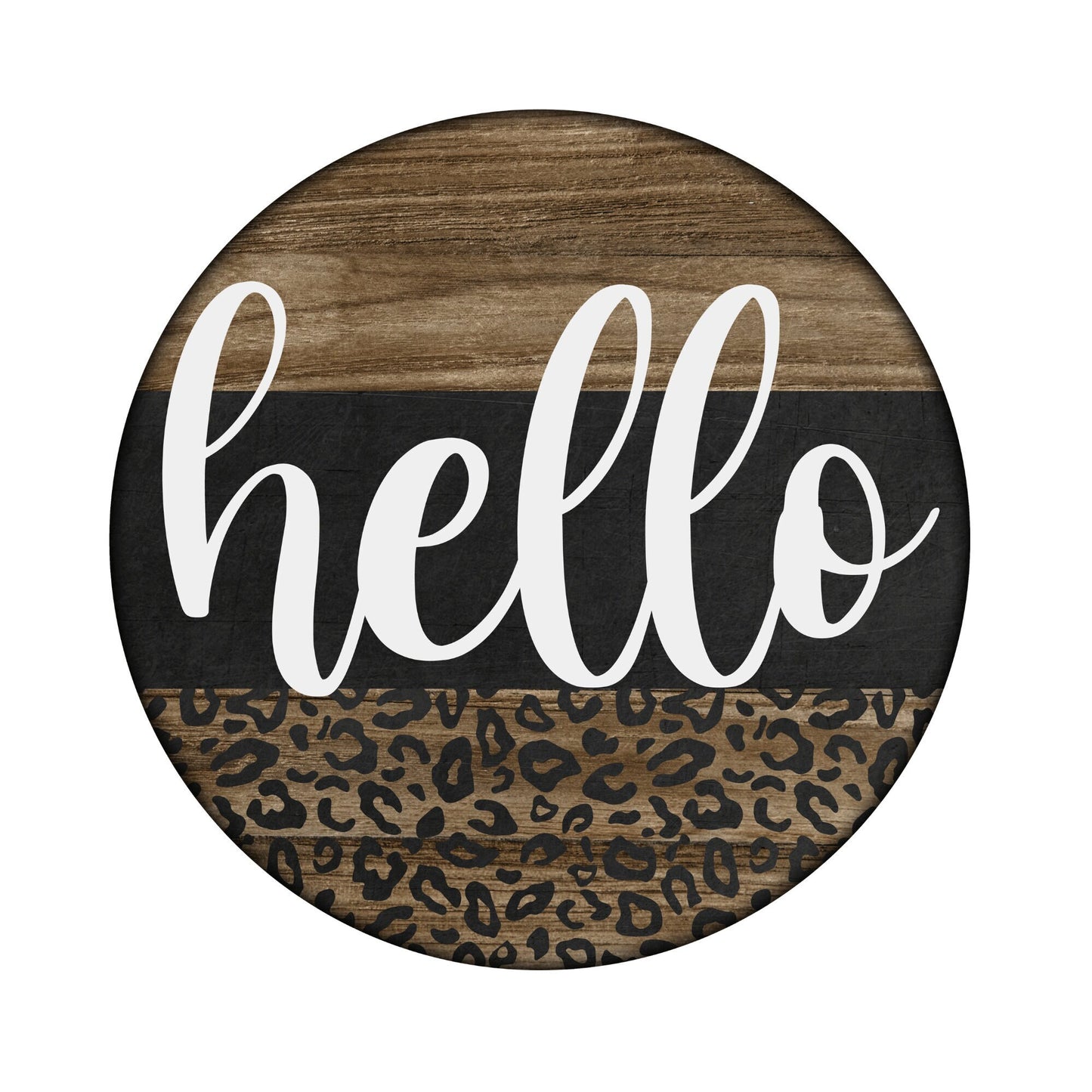 Hello wreath sign with leopard print, Everyday faux wood metal round wreath attachment, Wood look Welcome sign, signs for wreaths