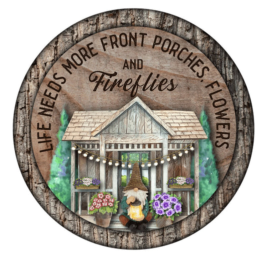 Garden Gnome Fireflies Welcome Sign, Country Porch Round wreath embellishment, Farmhouse Front Porch Flowers Firefly Welcome Sign