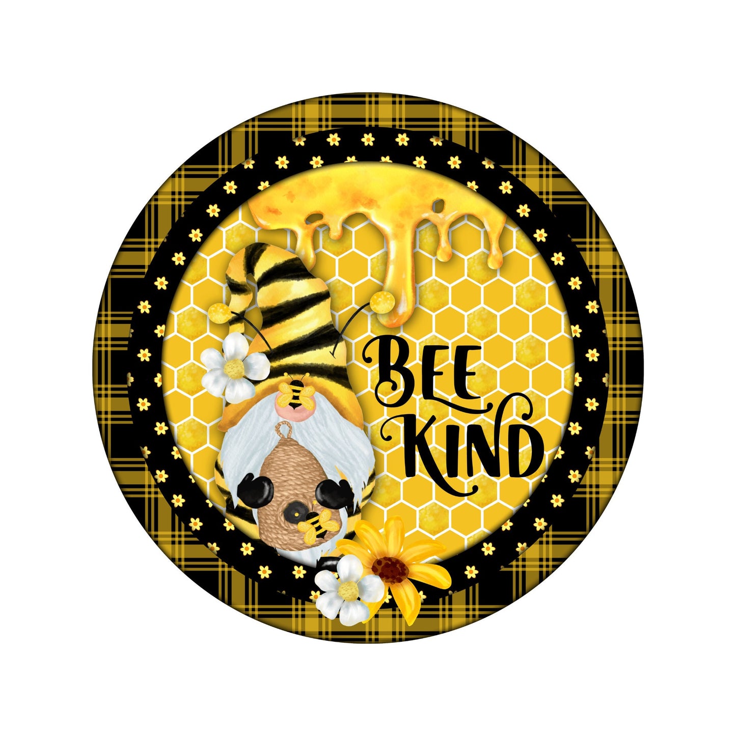 Summer gnome wreath sign, Bee Kind with honey gnome metal wreath sign, Spring bee and honeycomb wreath attachment, Wood look Welcome sign