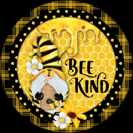 Summer gnome wreath sign, Bee Kind with honey gnome metal wreath sign, Spring bee and honeycomb wreath attachment, Wood look Welcome sign