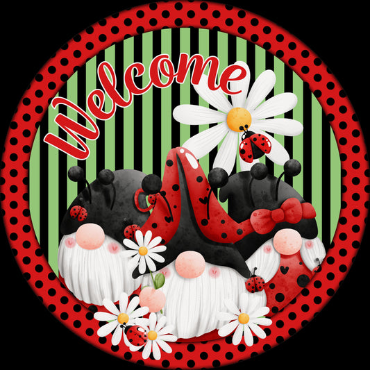 Summer gnome Welcome wreath sign, Ladybugs and daisy gnome metal wreath sign, red and black wreath attachment, Gnome Welcome sign