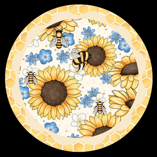 Bee wreath sign, sunflower and honey bees wreath attachment, blue and yellow floral wall home decor sign, signs for wreaths