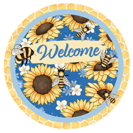 Welcome bee wreath sign, sunflower and honey bees wreath attachment, blue and yellow floral wall home decor sign, signs for wreaths