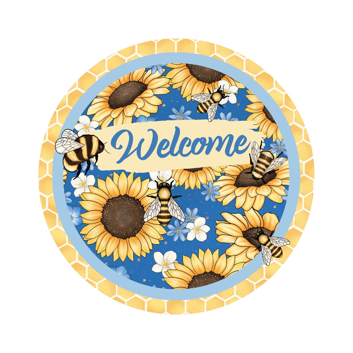 Welcome bee wreath sign, sunflower and honey bees wreath attachment, blue and yellow floral wall home decor sign, signs for wreaths