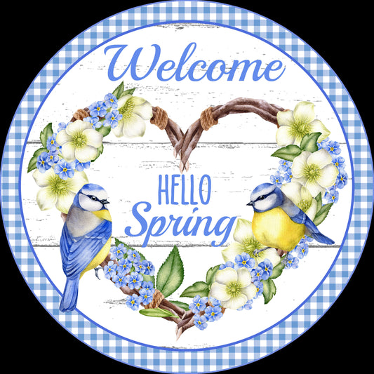 Hello Spring Welcome Heart Wreath with Blue Birds Sign, Spring Floral Wreath Attachment, Round wreath sign, signs for wreaths