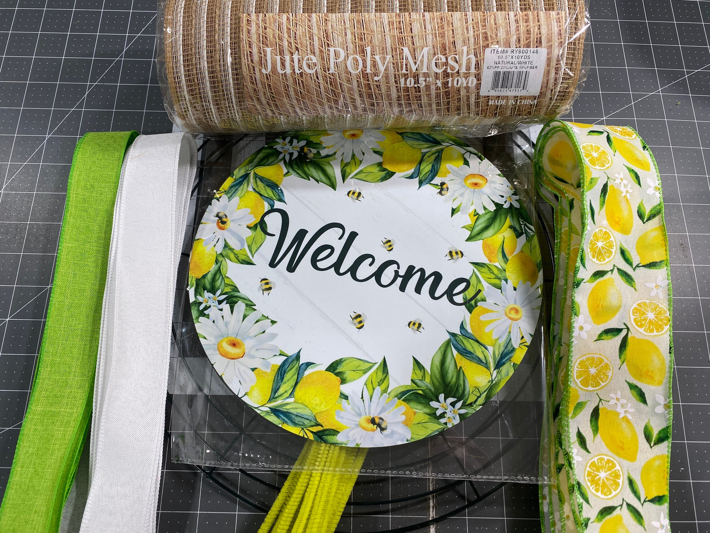 Lemon welcome wreath kit, deco mesh diy wreath kit, lemon sign & ribbon kit, make your own wreath, craft supplies for wreath and instruction