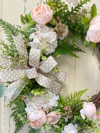 Hydrangea and Peony Vintage Rustic Farmhouse Wreath, Country Cottage Wreath for Front Door, Champagne Pink Peony Floral Natural Decor