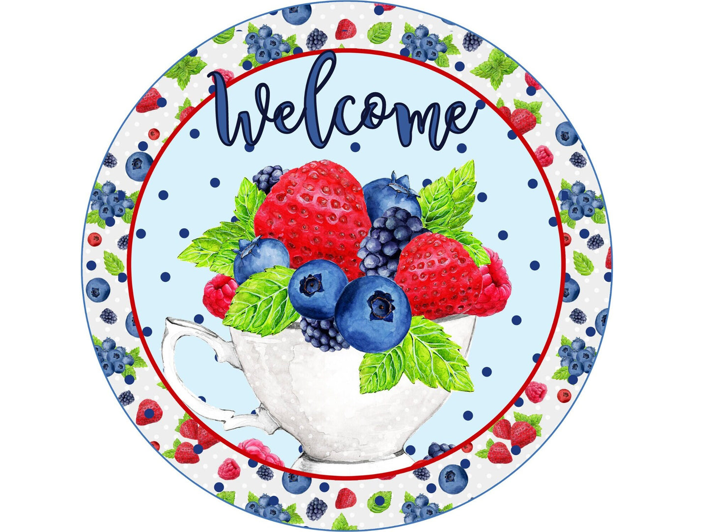 Summer berries in a teacup wreath sign, spring summer patriotic color wreath attachment, berry fruit welcome metal sign, signs for wreaths